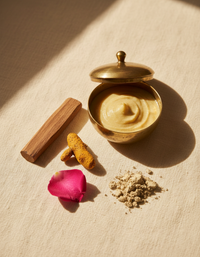 Golden bowl with Chandan paste, rose petal and turmeric – ingredients flatlay