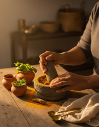 Hands grinding turmeric in mortar and pestle – Ayurvedic process lifestyle