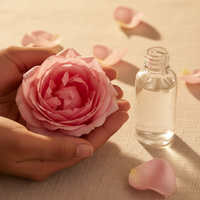 Pink Damask rose with clear toner bottle and petals – ingredient lifestyle