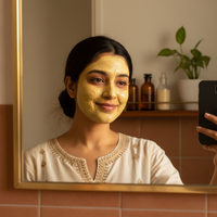 Woman with Chandan face mask – selfie lifestyle shot