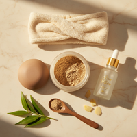 Multani Mitti flat lay with clay bowl, headband and neem leaves – lifestyle