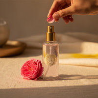 Damask Rose Hydrating Toner clear spray bottle with rose logo – product shot