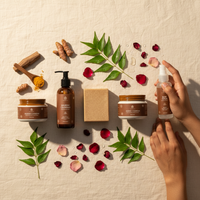 Vedamantra full product line flat lay with neem leaves – bundle shot 2