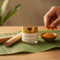 Vedamantra Chandan jar on banana leaf with turmeric