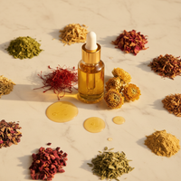 Kumkumadi oil ingredients — saffron threads, herbs, amber bottle flatlay