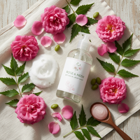 Rose and neem body wash ingredients — pink rose petals, neem leaves flatlay