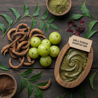 Amla and shikakai shampoo bar ingredients — gooseberry, shikakai pods, neem leaves flatlay
