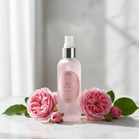 Damask rose toner mist spray with fresh roses — luxury skincare lifestyle