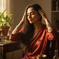 Woman massaging bhringraj brahmi hair oil into scalp — hair growth ritual lifestyle