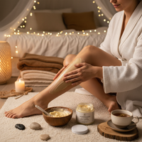 Woman applying Ayurvedic ashwagandha body butter — night self-care ritual lifestyle