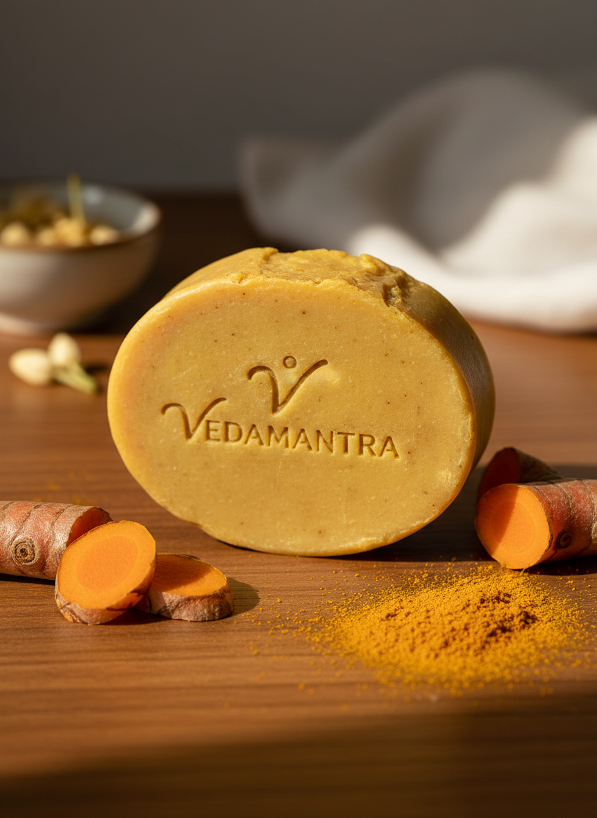 Vedamantra Lakadong Haldi Glow Soap — Branded Product Photo